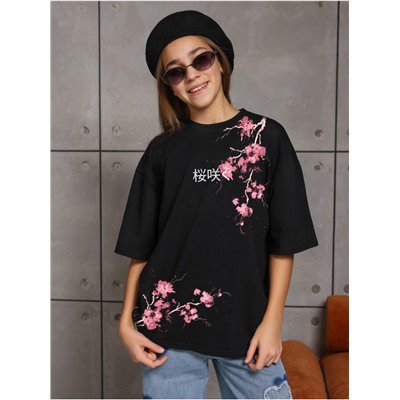 Футболка "Сакура" Черный Девочка