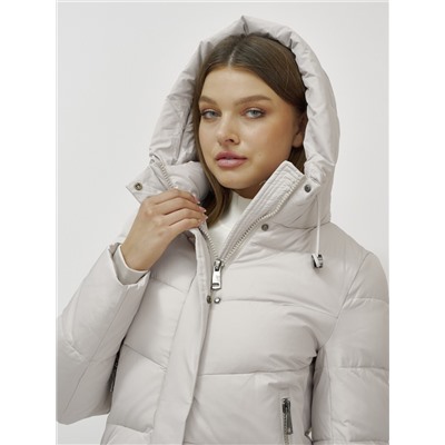 Пальто утепленное стеганное зимнее с капюшоном женское бежевого цвета 9636_1B