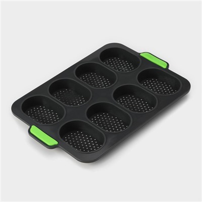 Форма для выпечки с перфорацией «Булочки», силикон, 34.5×23×2.5 см, 8 ячеек (9.5×6.3×2.4 см), чёрная