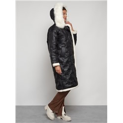 Пальто утепленное с капюшоном зимнее женское черного цвета 132290Ch