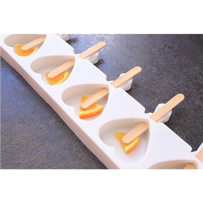 Форма для мороженого Доляна «Сердца. Макси», силикон, 49×6.5×2 см, 8 ячеек, палочки 50 шт., белая