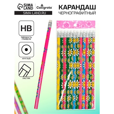 Карандаш чернографитный с ластиком Calligrata, твёрдость НВ, МИКС