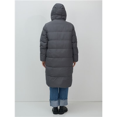 Пальто зимнее утепленное с капюшоном женское темно-серого цвета 7623TC