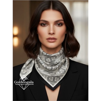 Косынка шелковая с принтом Арт 25183/003 (черный-молочный)