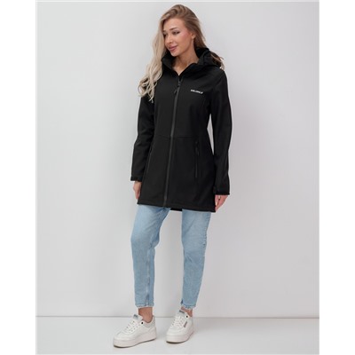 Парка спортивная женская с капюшоном softshell черного цвета 9568Ch