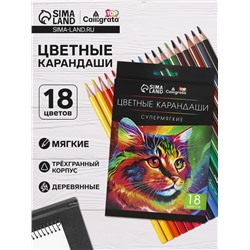 Карандаши цветные 18 цветов TOP Calligrata, супермягкие, в картонной коробке, диаметр грифеля - 3 мм, 5B