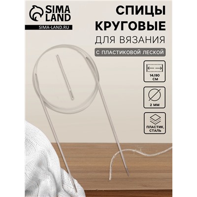 Спицы круговые, для вязания, с пластиковой леской, d=2 мм, 14/80 см, с иглой