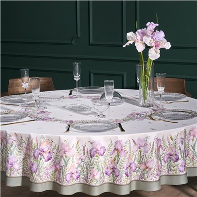 СКАТЕРТЬ КРУГЛАЯ  "ИРИСЫ" ,D220СМ, 100% ХЛОПОК,ТВИЛ C ПРОПИТКОЙ, БЕЛЫЙ