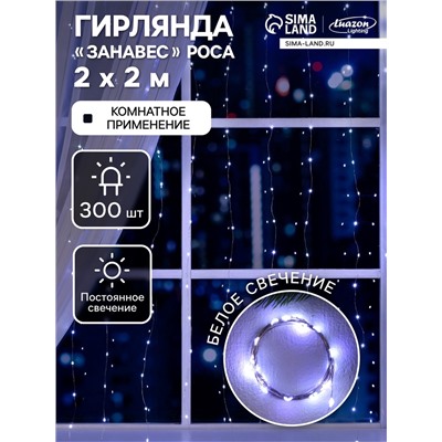 Гирлянда «Занавес» 2 × 2 м роса, IP20, серебристая нить, 300 LED, свечение белое, 12 В
