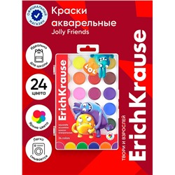 Акварель медовая ErichKrause «Jolly Friends», 24 цвета, УФ-фильтр, матовые насыщенные цвета, пластиковая коробка с европодвесом