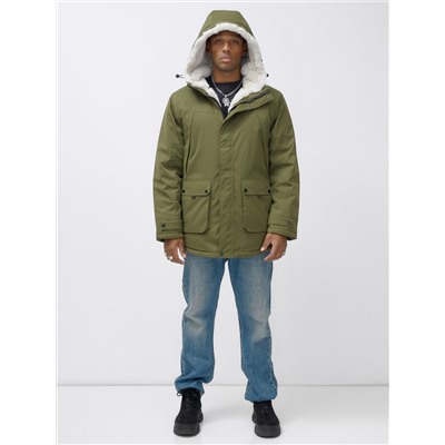 Парка мужская зимняя удлиненная с мехом хаки цвета 8753Kh
