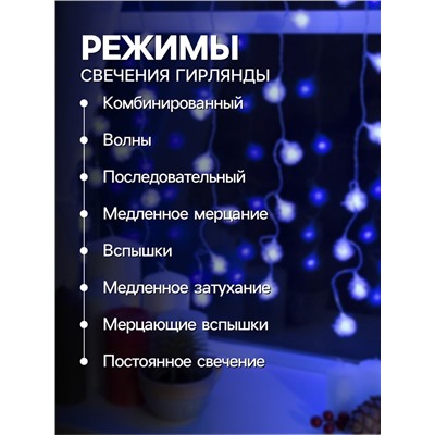 Гирлянда «Занавес» 2 × 1.5 м с насадками «Ёжики», IP20, прозрачная нить, 360 LED, свечение синее, 8 режимов, 220 В