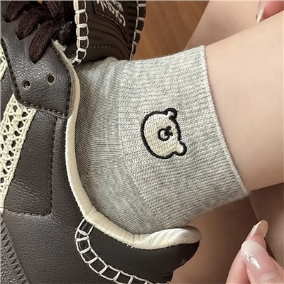 Tide, summer thin white cotton knee socks, cute embroidery, with little bears, with embroidery