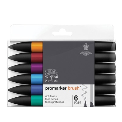 Набор маркеров-кистей худож. двухсторонних Winsor&Newton "PromarkerBrush", спиртовые, скошенный/кисть 6цв., насыщенные оттенки