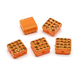 Бусина полимерная со стразами квадрат 10*10мм, цв.рыжий (упаковка 5 штук)