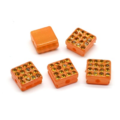 Бусина полимерная со стразами квадрат 10*10мм, цв.рыжий (упаковка 5 штук)