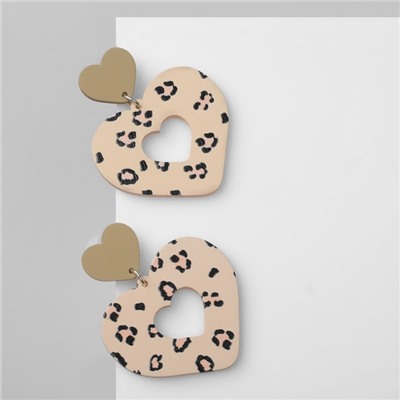 Серьги металл «Сердце» леопард, цвет розово-зелёный в серебре