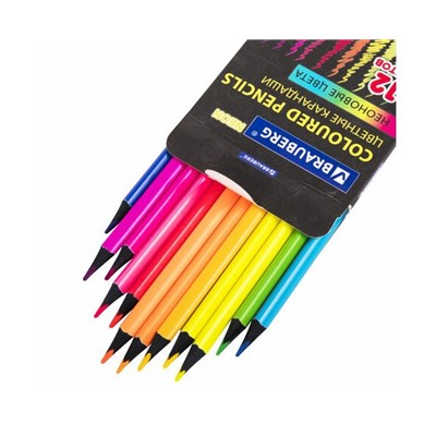 Карандаши цветные BRAUBERG NEON, 12 неоновых цветов, черное дерево, трёхгранные, 181852