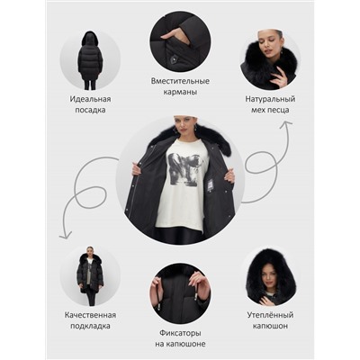 Куртка зимняя женская с мехом и капюшоном тренд черного цвета 7660Ch