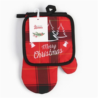 Кухонный набор 2 предмета Доляна Christmas, прихватка 17*17 см, варежка 26*16 см,100% п/э