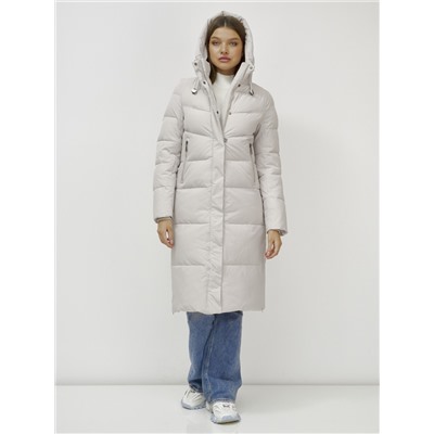 Пальто утепленное стеганное зимнее с капюшоном женское бежевого цвета 9636_1B