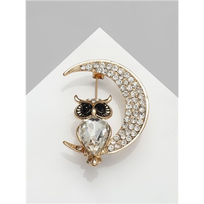 Брошь «Сова на месяце», чёрно-белая в золоте