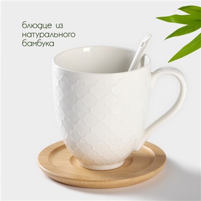 Набор чайный BellaTenero, 6 предметов: 2 чашки 350 мл, 2 деревянных блюдца d=12 см, 2 ложки, на бамбуковой подставке, керамика, белый