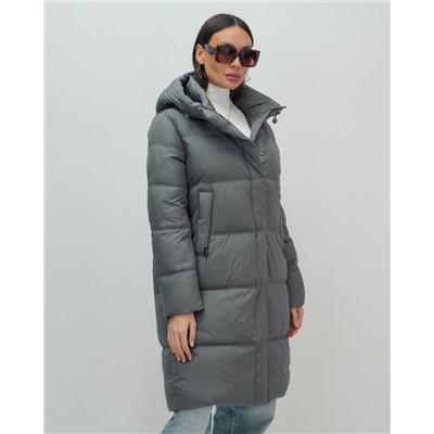 Пальто зимнее утепленное с капюшоном женское темно-серого цвета 7618TC