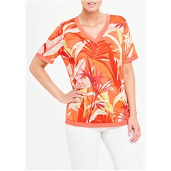 Soon Orange Short Sleeve Leaf Print Top
