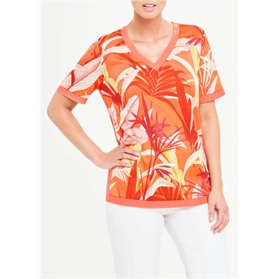 Soon Orange Short Sleeve Leaf Print Top