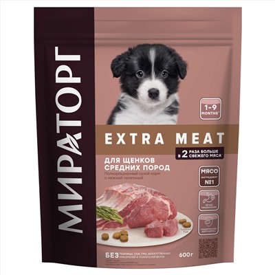 Сухой корм.Extra Meat д/щенков средн.пород от 3 до 12 мес.с нежн.телятиной 0,6кг.1/5к.1010024077