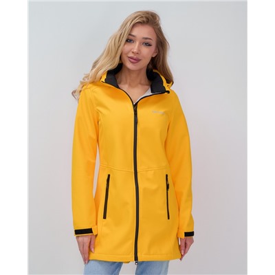 Парка спортивная женская с капюшоном softshell желтого цвета 9568J