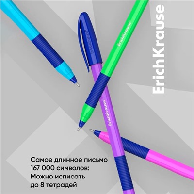 Набор ручек шариковых 4 штуки, ErichKrause U-109 Neon Stick&Grip, игольчатый узел 1.0 мм, чернила синие, супермягкое письмо, резиновый держатель, корпус неоновый, МИКС