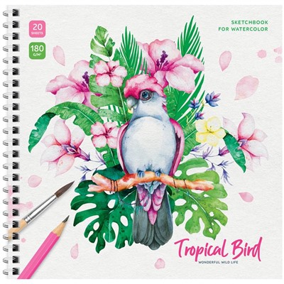 Скетчбук для акварели 20л., 190*190 ArtSpace "Tropical Bird", на гребне, 180г/м2