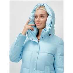 Пальто утепленное стеганное зимнее с капюшоном женское голубого цвета 9601Gl