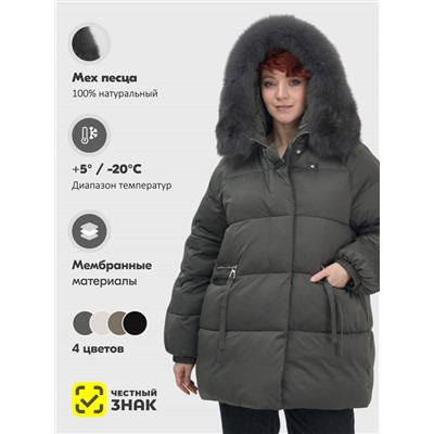 Куртка зимняя женская с мехом и капюшоном тренд темно-зеленого цвета 7639TZ