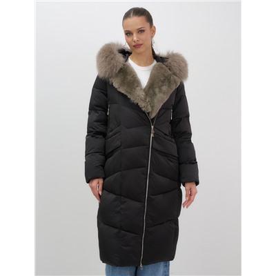 Двубортное пальто зимнее утепленное с мехом и капюшоном черного цвета 7626Ch