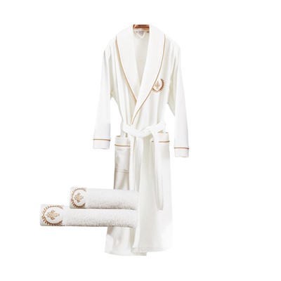 Подарочный Набор Халат + Полотенце + Тапочки (L) Ahsen Krem Bay Bornoz Seti - Large-EcoCotton