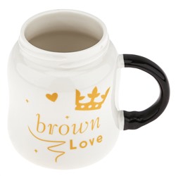 Кружка фарфоровая "Корона" 420мл, д9,1см h11см, глянцевая глазурь, деколь - микс с золотом, цвет - белый, пластмассовая, винтовая крышка, герметичная, с силиконовым уплотнителем, д/горла 6,3см, д/основания 7см, в подарочной коробке (Китай)