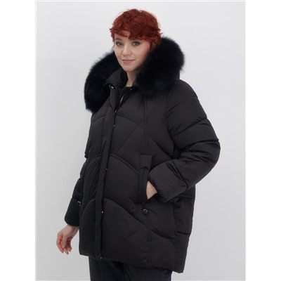 Куртка зимняя женская с мехом и капюшоном тренд черного цвета 7656Ch