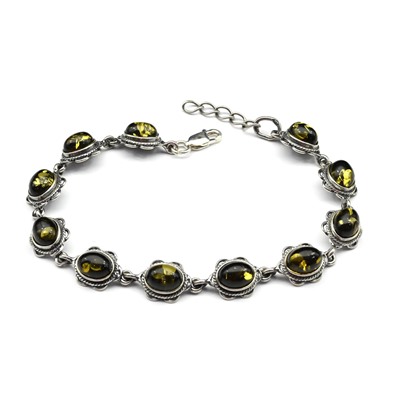 Браслет с янтарем С925 овальчик 10*18мм цв.зеленый, 19,5см, 11,1г