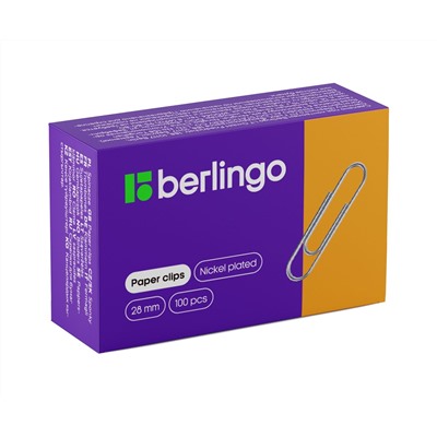 Скрепки 28мм, Berlingo, 100шт., никелированные, карт. упаковка