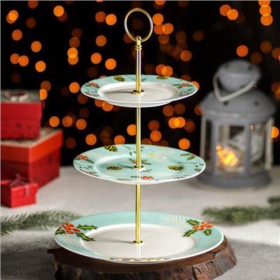 Блюдо фарфоровое 3-х ярусное Magistro «Новый год. Шишки», d=15/18/23 см