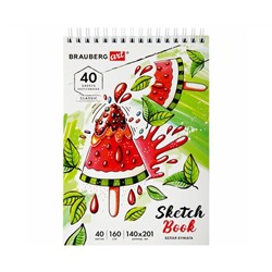 Скетчбук, белая бумага 160г/м2, 140х201мм, 40л,гребень,жёст. подложка, BRAUBERG ART, ассорти, 115071