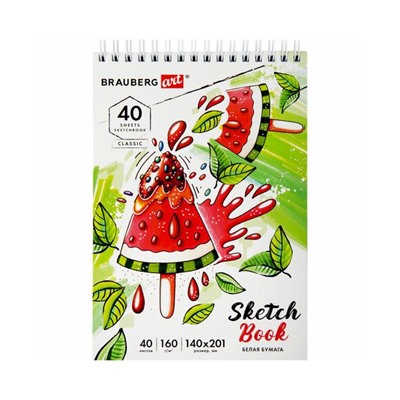 Скетчбук, белая бумага 160г/м2, 140х201мм, 40л,гребень,жёст. подложка, BRAUBERG ART, ассорти, 115071