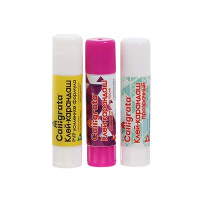 Клей-карандаш 9 грамм, набор 3 штуки, (PVP, PVA, PVA цветной)