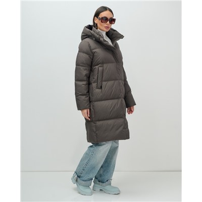 Пальто зимнее утепленное с капюшоном женское темно-коричневого цвета 7618TK