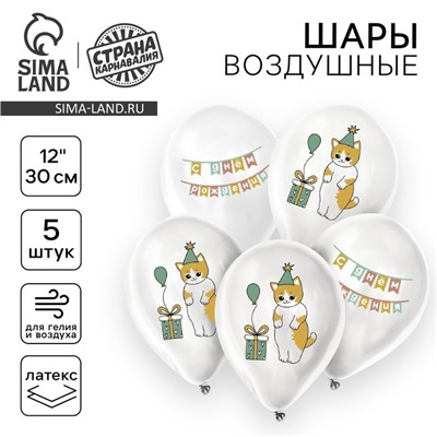 Воздушный шар латексный 12" «Праздничный котик», 5 шт.