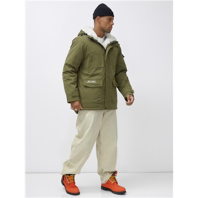 Парка мужская зимняя удлиненная с мехом хаки цвета 8751Kh