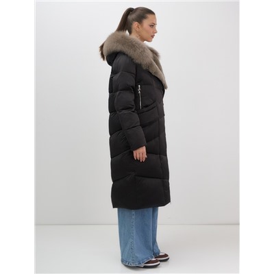 Двубортное пальто зимнее утепленное с мехом и капюшоном черного цвета 7626Ch